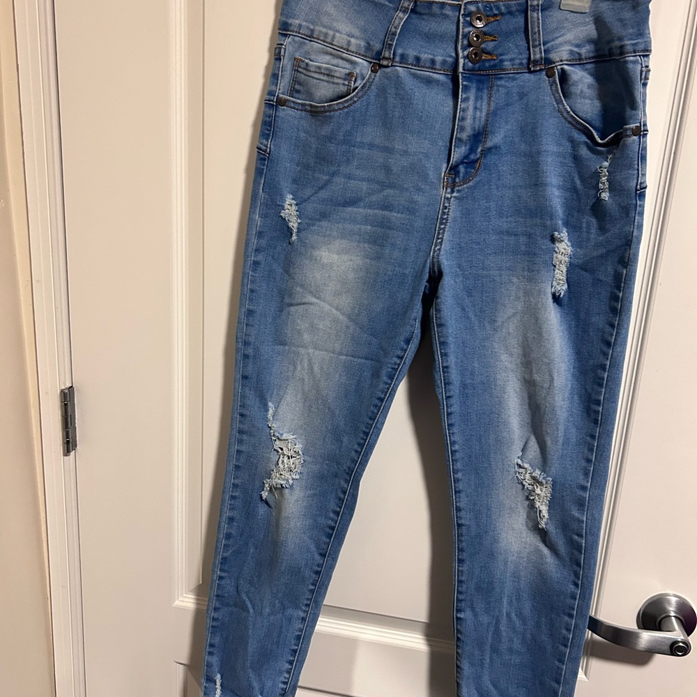 High Rise Blue Distressed Jeans with Slim Fit